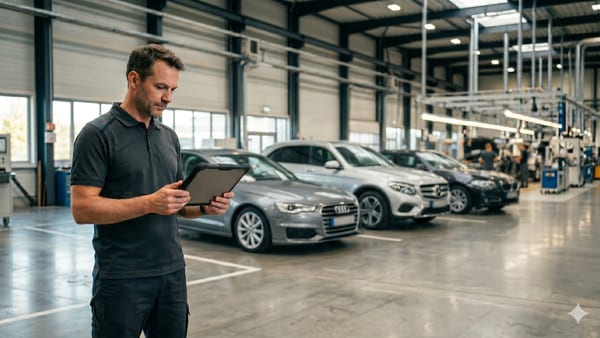 Techniker mit Tablet in Automotive-Werkstatt mit Premium-Fahrzeugen