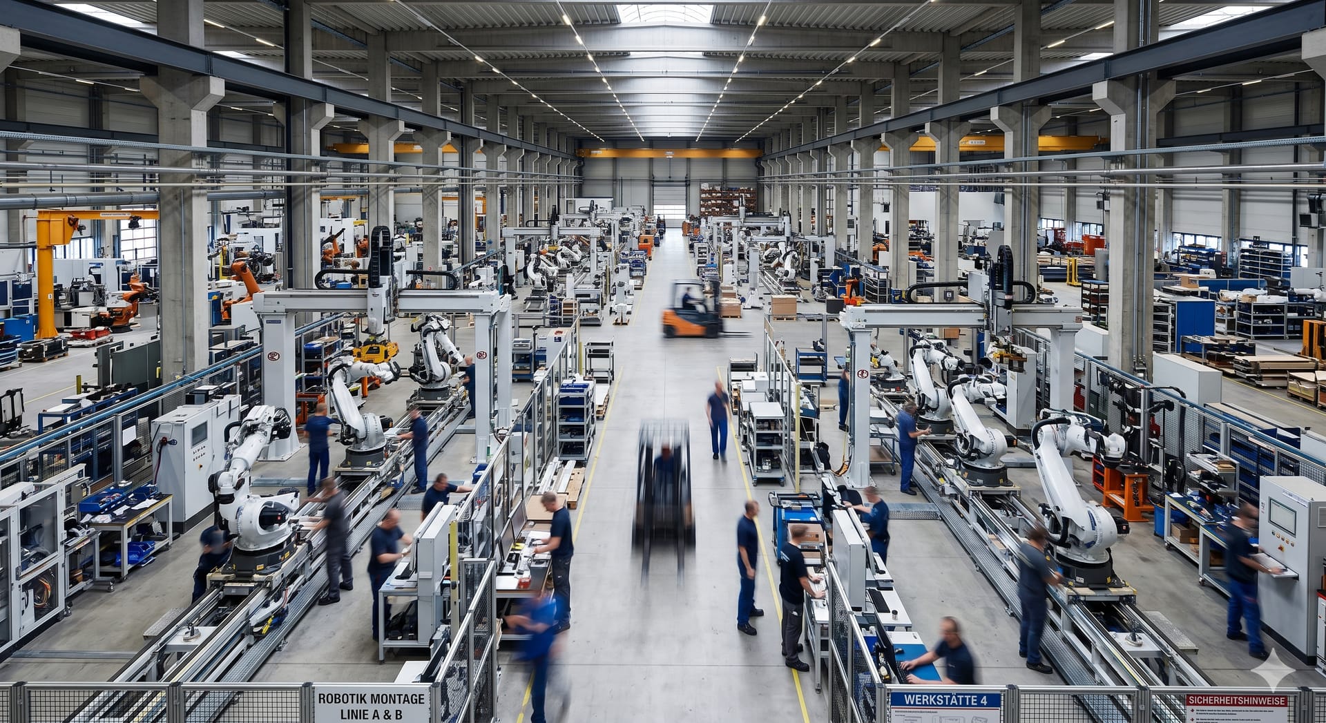 Moderne Produktionshalle mit Robotik-Montagelinien