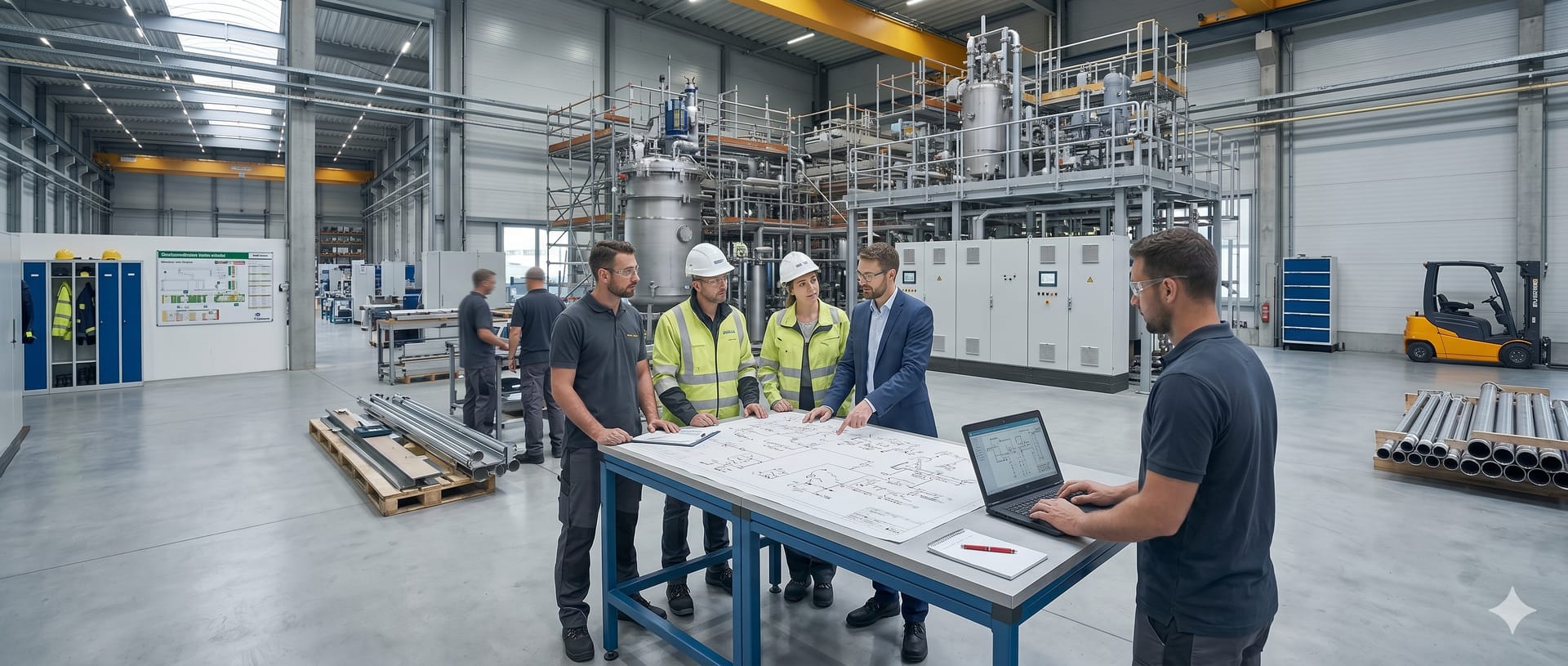 Technisches Team und Vertrieb planen gemeinsam an der Werkbank in einer Industriehalle